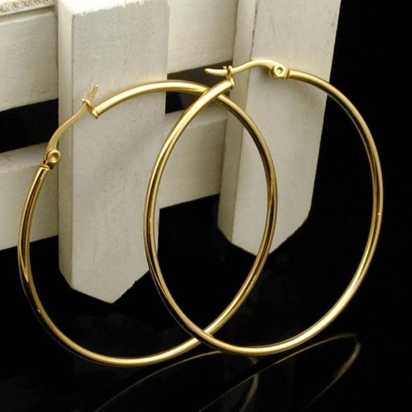 NEW Yellow Gold Tone 2" Round Circle Hoop Earrings - Picture 5 of 7